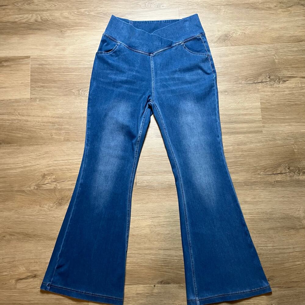 Crossover V-Front High Waisted Denim Flare Jeans Blue-Size Large